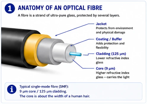 Anatomy of a single-mode fibre: a 9 µm core inside 125 µm of cladding, then coating and jacket. The core is about the width of a human hair.