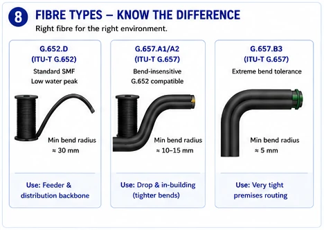 G.652.D for feeder and distribution; G.657.A for drops and in-building; G.657.B where bends are tightest. Bend radius is the difference.